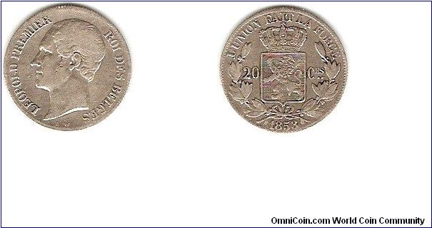 20 centimes
silver
Leopold Premier Roi des Belges (Leopold I, king of the Belgians)
L'Union fait la force (Unity is strength)
