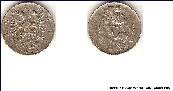 1/2 lek
double-headed eagle
naked figure struggling with lion
nickel