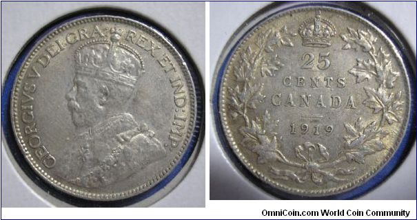 1919 Silver 25 cent piece.  George V