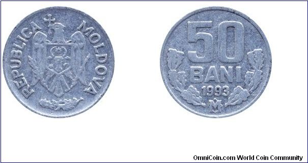 Moldova, 50 bani, 1993, Al, Republica Moldova.                                                                                                                                                                                                                                                                                                                                                                                                                                                                      