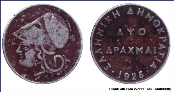 Greece, 2 drachmas, 1926, Cu-Ni.                                                                                                                                                                                                                                                                                                                                                                                                                                                                                    