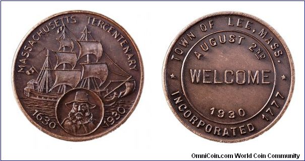 Lee, Massachusetts, Welcome medal. Massachusetts Bay Tercentenary.