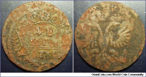 Russia 1735 denga double struck. Still in decent condition but the crust...