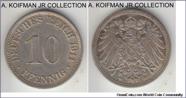 KM-12, 1911 Germany (Empire) 25 pfennig, Berlin mint (A mint mark); copper-nickel, plain edge; Wilhelm II, rather common mint for the year, almost uncirculated and toned specimen.