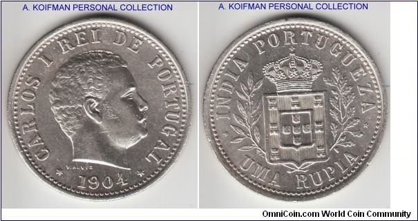 KM-17, 1904 Portuguese India rupia; silver, reeded edge; uncirculated details, but appears to have been cleaned/dipped.