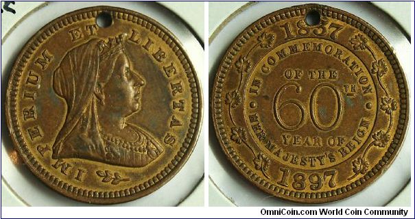 Queen Victoria's Diamond Jubilee: IMPERIUM ET LIBERTAS. Rev.IN COMMEMORATION OF THE 60th YEAR OF HER MAJESTY'S REIGN. Gilt Bornze 25mm by Moore. Not listed by Brown.