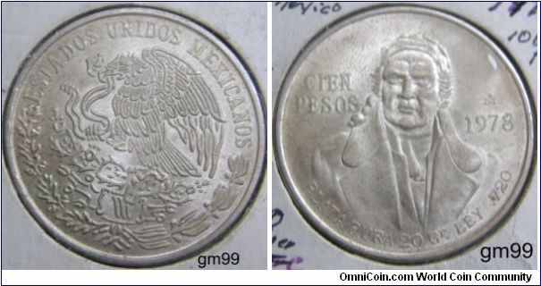 100 Peso,.7200 Silver,.6429 oz.Obverse: Eagle standing left on cactus, snake in beak, ESTADOS UNIDOS MEXICANOS. Reverse: Bust facing,higher right shoulder, left shoulder with clothing folds. NOTE: Minage Inc. KM#4831