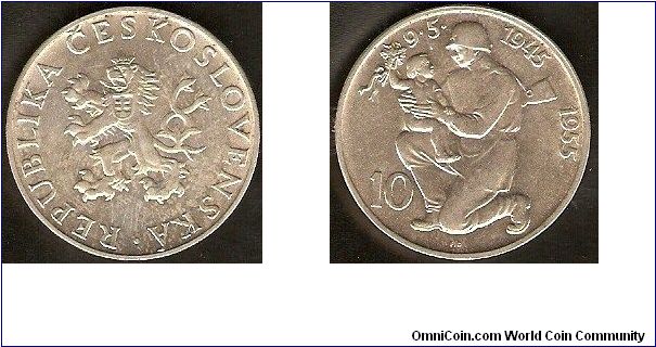 Czechoslovakia
10 koruna
10th anniversary liberation from Germany
0.500 silver