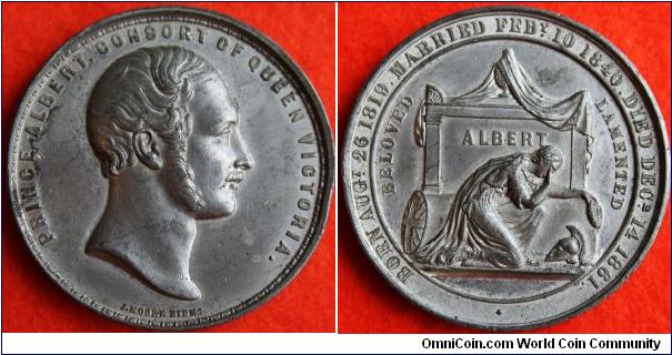 Death Medal: Prince Albert Consort of Queen Victoria. Rev. Born Aug 26 1819. Married Feb 19 1840. Died Dec 14 1861. ALBERT Beloved   Lamented. WM. 44mm. by J.Moore. Birm.