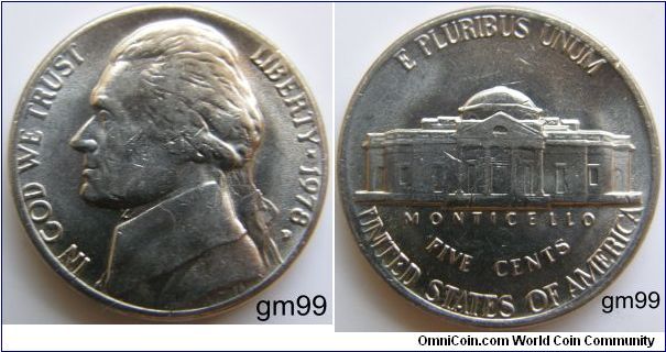 THOMAS JEFFERSON FIVE CENTS (1938-DATE)1978D-Mintmark: Small D (for Denver, Colorado) below the date on the lower right obverse