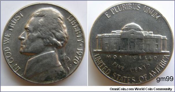 THOMAS JEFFERSON FIVE CENTS (1938-DATE)1970D-Mintmark: Small D (for Denver, Colorado) below the date on the lower right obverse