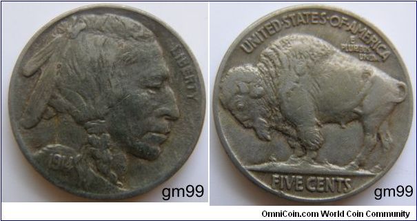 BUFFALO NICKEL FIVE CENTS (1913-1938) 1914-Mintmark: None (for Philadelphia) on the reverse below FIVE CENTS