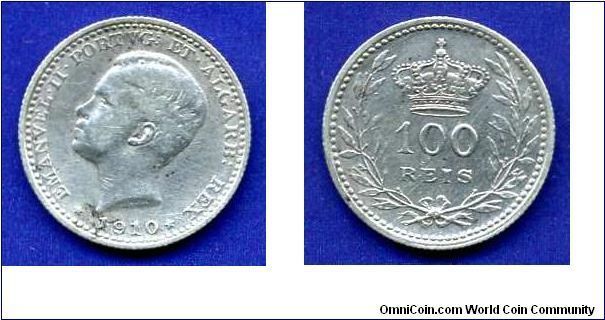 100 reis.
King Emanuel II (1908-1910).


Ag835f. 2,5gr.