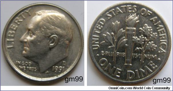 Franklin Delano Roosevelt Dime, 10 Cents. 1991D-Mintmark: D (for Denver, CO) above the date