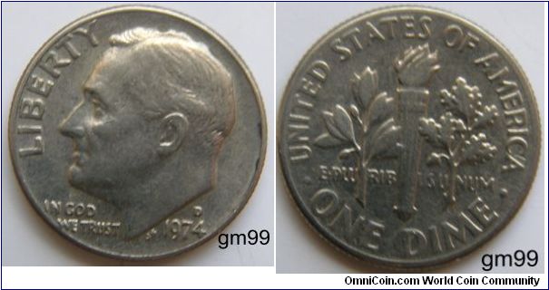 Franklin Delano Roosevelt Dime, 10 Cents. 1974D-Mintmark: D (for Denver, CO) above the date