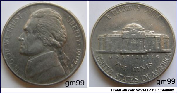 THOMAS JEFFERSON FIVE CENTS, 1992P-Mintmark: Small P (for Philadelphia) below the date on the obverse
HEAD OF HAIR OBVERSE, FULL STEPS REVERSE.
