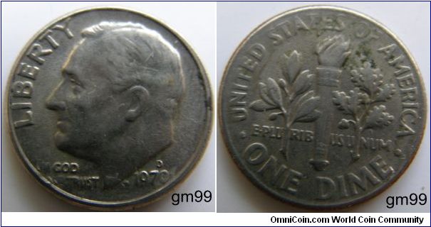 Franklin Delano Roosevelt Dime, 10 Cents. 1970D-Mintmark: D (for Denver, CO) above the date