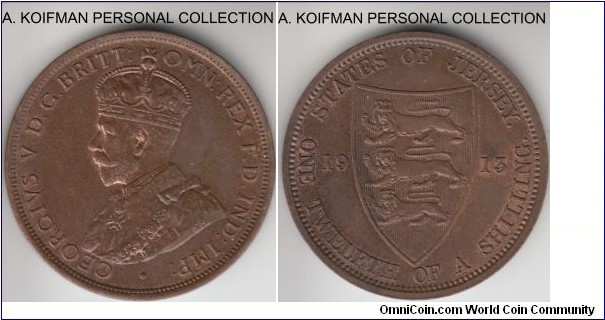 KM-12, 1913 Jersey 1/12'th of a shilling; bronze, plain edge; red brown uncirculated.