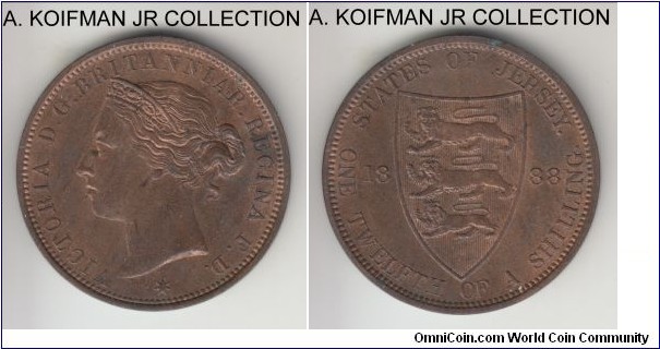 KM-8, 1888 Jersey 1/12'th of a shilling, Royal Mint (no mint mark); bronze, plain edge; Victoria, red brown (but mostly brown) average uncirculated.