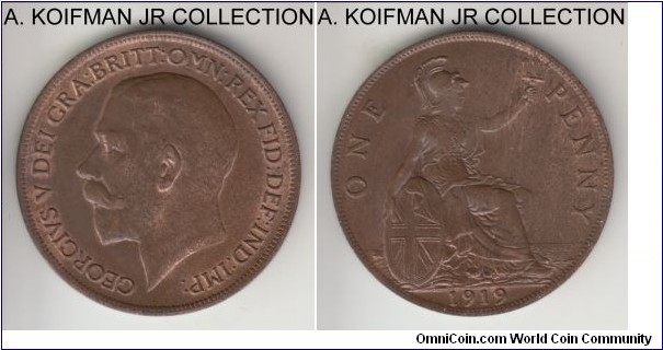 KM-810, 1919 Great Britain penny; bronze, plain edge; George V, post World War I issue, red brown uncirculated.