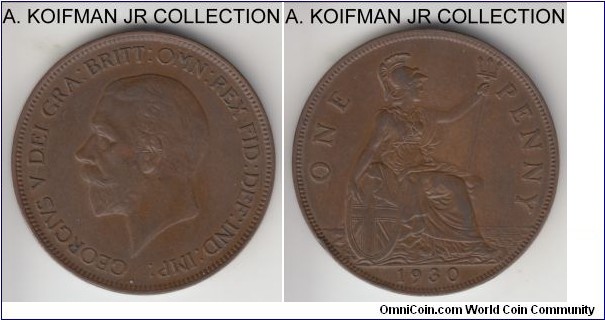 KM-838, 1930 Great Britain penny; bronze, plain edge; George V, light brown good very fine to extra fine.