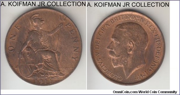 KM-810, 1911 Great Britain penny; bronze, plain edge; George V, early years, red brown choice uncirculated.