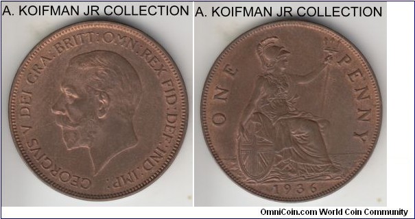 KM-838, 1936 Great Britain penny; bronze, plain edge; last year of George V mintage, common but good looking, uncirculated or almost.