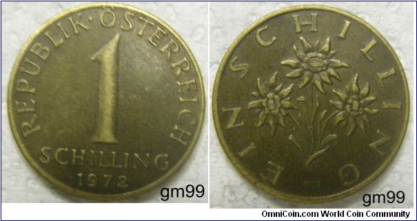 1 Schilling (Aluminum-Bronze) Obverse; Legend,
REPUBLIK OSTERREICH 1 SCHILLING date
Reverse; Edelweiss,
EIN SCHILLING