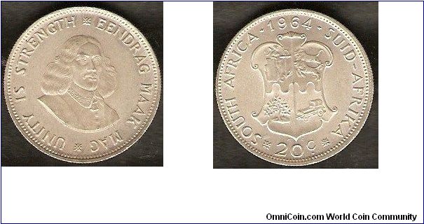 20 cents
Jan Van Riebeeck
Eendrag maak Mag / Unity is strength
0.500 silver
