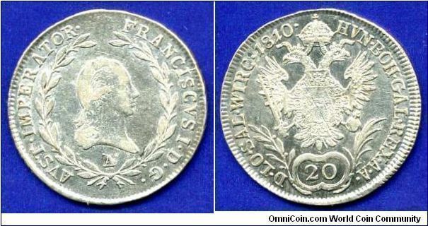 20 kreuzer.
(zwanziger).
Cross and the state emblem on the chest eagle.
Legend: *D.LO.SAL.WIRC.*.
Francisc I (1806-1835).
Austrian empire.
(A) Vienna mint.


Ag583f. 6,68gr.
