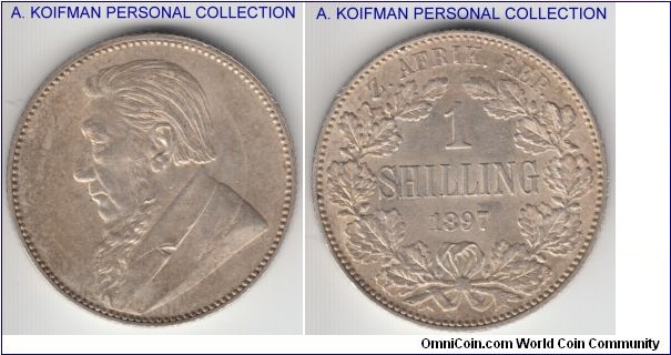 KM-5, 1897 Zuid-Afrikkansche Republiek (ZAR) South Africa shilling; silver, reeded edge; uncirculated, few bag marks.