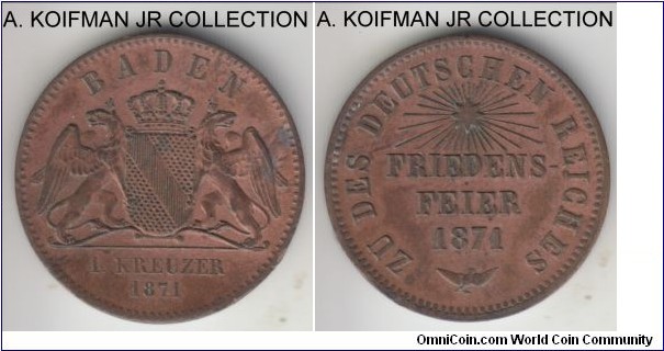 KM-252, German States Baden 1871 kreuzer; victory in war with France commemorative, one of the 2 types minted; almost uncirculated but almost definitely cleaned
