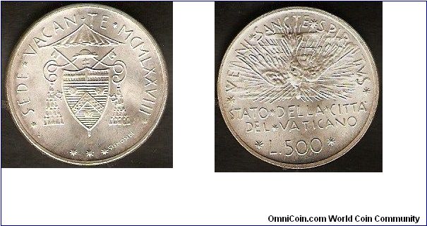 500 lire
1978 three-popes-year
Sede Vacante between Paul VI and John Paul I
0.835 silver