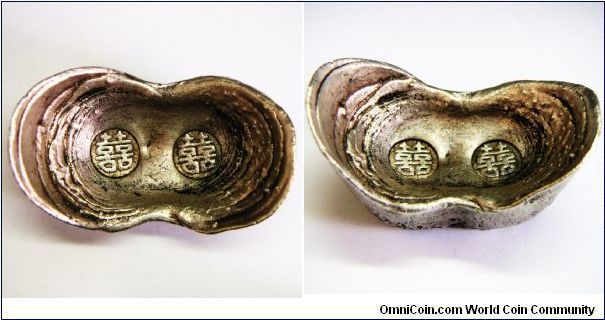 3 taels sycee/ingot, Late Qing dynasty to earlier Republic. This is the wedding gift with 2 x 'double happiness' greeting words. 