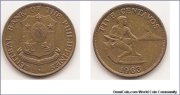 5 Centavos
KM#187
4.8000 g., Brass, 21 mm. Obv: Shield of arms Rev: Male seated
beside hammer and anvil