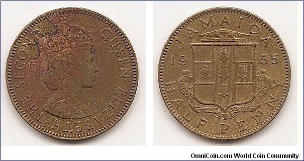 1/2 Penny
KM#36
4.3400 g., Nickel-Brass Ruler: Elizabeth II Obv: Crowned bust
right Rev: Arms divide date