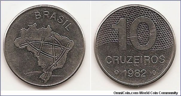 10 Cruzeiros
KM#592.1
Stainless Steel, 23.9 mm. Obv: Map of Brazil Rev:
Denomination, value, date, linear design