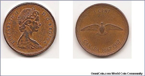 1 Cent 
KM#65
Bronze Ruler: Elizabeth II Subject: Confederation Centennial 1867-1967
Obv.: Queen's bust right Rev.: Dove with wings spread, denomination above, two dates below
Size: 19.10 mm.