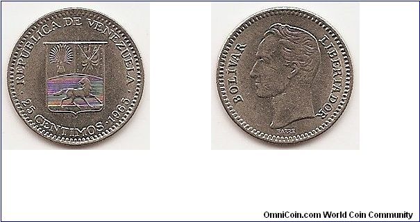 25 Centimos
Y#40
Nickel, 17 mm. Obv: National arms Rev: Head of Bolivar left