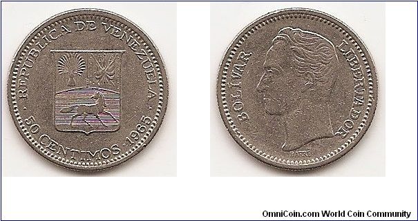 50 Centimos
Y#41
Nickel, 20 mm. Obv: National arms Rev: Head of Bolivar left