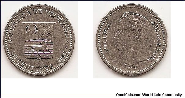 50 Centimos
Y#41
Nickel, 20 mm. Obv: National arms Rev: Head of Bolivar left