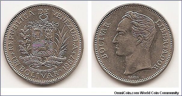 1 Bolivar
Y#42
Nickel, 23 mm. Obv: National arms above ribbon, plants flank,cornucopias above Rev: Head of Bolivar left