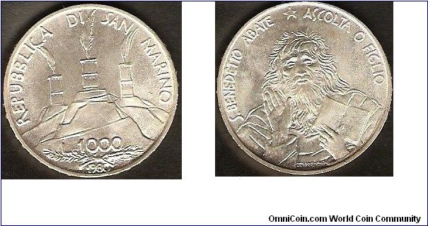 1000 lire
St. Benedict, abbott
0.835 silver