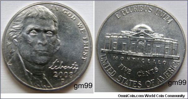 THOMAS JEFFERSON FIVE CENTS. 2008D-Mintmark: Small D (for Denver, Colorado) below the date on the lower right obverse