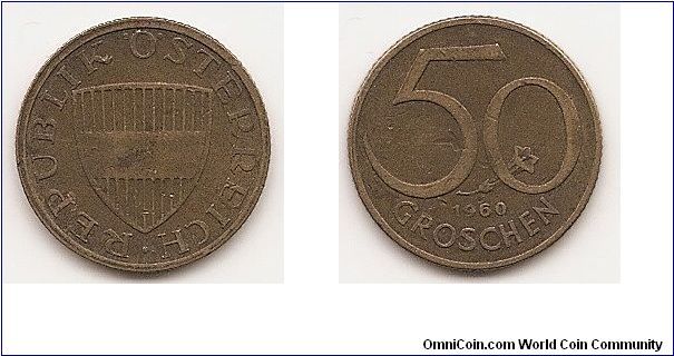 50 Groschen
KM#2885
2.9700 g., Aluminum-Bronze, 19.44 mm. Obv: Austrian shield
Rev: Large value above date Edge: Reeded