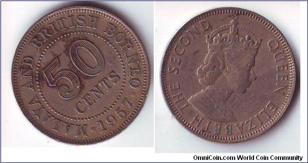 50 cents Malaya and British Borneo 1957 Queen Ekizabeth The Second