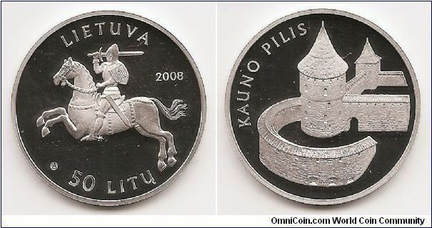 50 Litas
KM#155
Coin dedicated to the Kaunas castle
(from the series Historical and Architectural Monuments of Lithuania)
Silver Ag 925
Quality proof 
Diameter 38.61 mm
Weight 28.28 g 
Edge ISTORIJOS IR ARCHITEKTUROS PAMINKLAI
(HISTORICAL AND ARCHITECTURAL MONUMENTS OF LITHUANIA)
Designed by Giedrius Paulauskis 
Mintage 10,000 pcs
Issue 23.05.2008
The coin was minted at the UAB Lithuanian Mint.
