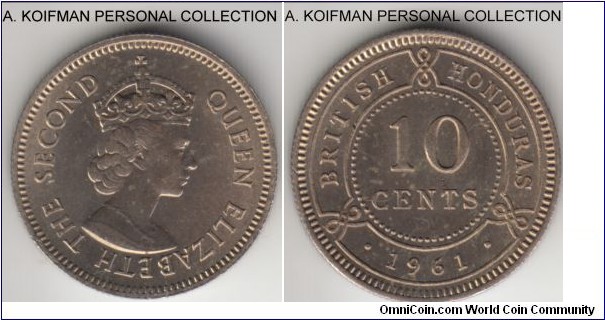 KM-32, 1961 British Honduras 10 cents; copper-nickel, reeded edge; uncirculated with few toning spots, mintage 50,000.