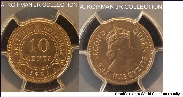 KM-32, 1961 British Honduras 10 cents; copper-nickel, reeded edge; Elizabeth II, one of the smallest mintages for the type at 50,000, bright uncirculated PCGS graded MS 64.