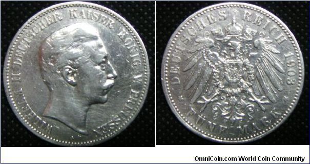 Wilhelm II - Prussia, German States 5 Mark, 1903A. 27.7770 g, 0.9000 Silver, .8038 oz. ASW, 38mm. Cleaned; file marks on edge, otherwise near very fine.